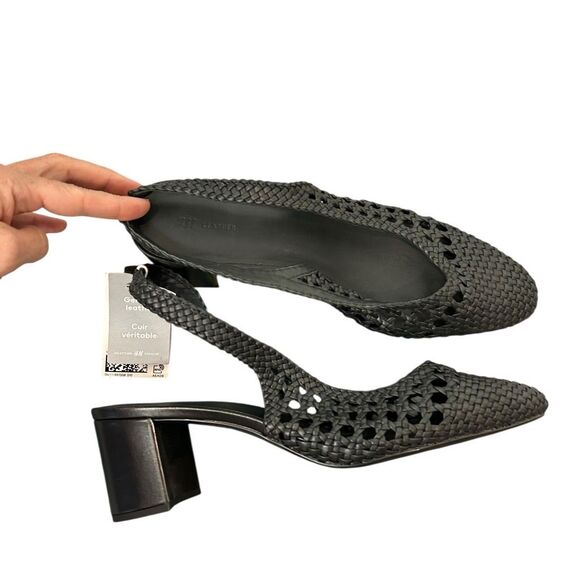 H&M Leather Slingback Pumps Sandals Black NWT Sz 11 Woven Braided Low Heels toe - Picture 2 of 16